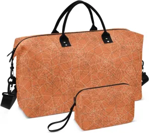 Aslsiy Travel Duffel Bags for Women Minimal Halloween Spider Web Sport Duffel Bag Orange Weekender Bags Gym Bag with Toiletry Bag Carry on Overnight Bag