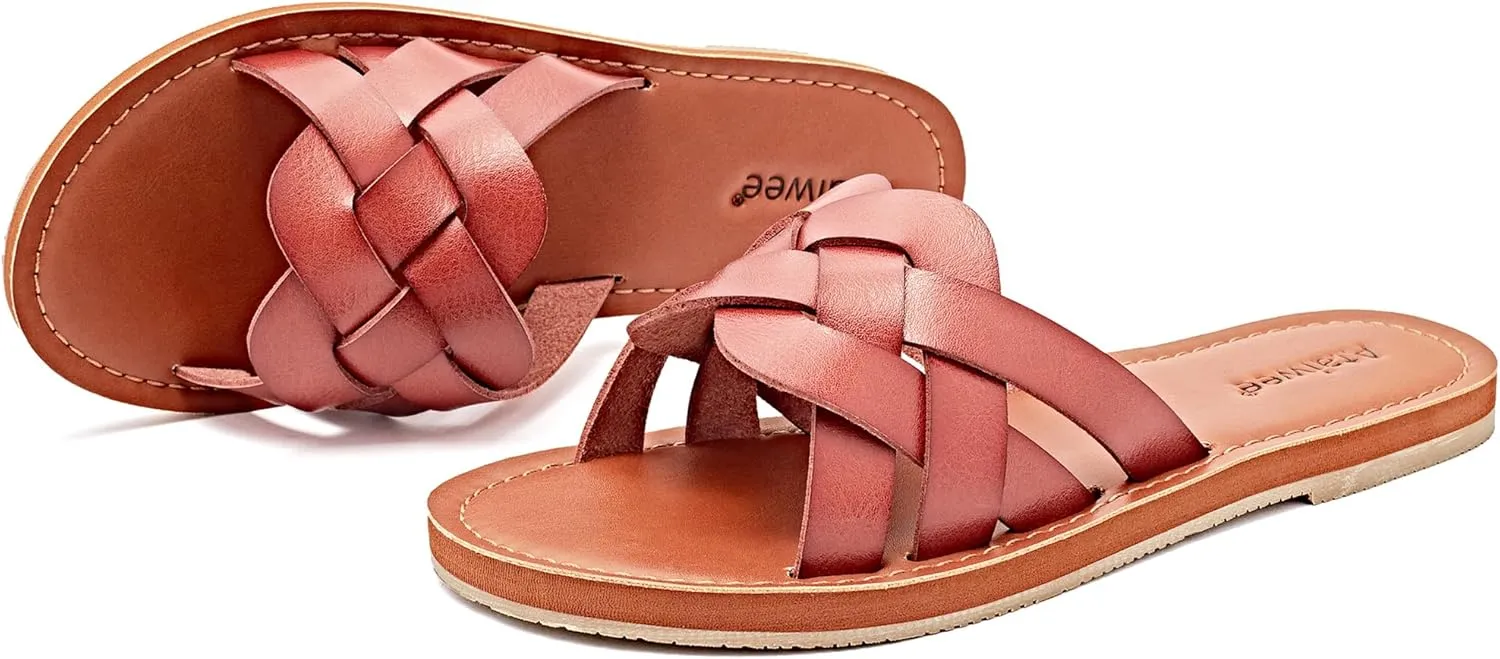 Ataiwee Women's Flat Slide Sandals - Fashion Slip On Flat Summer Shoes.