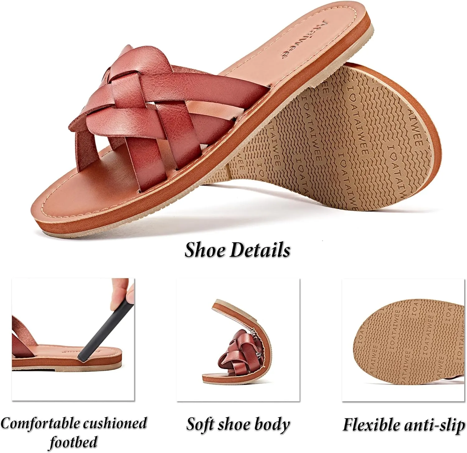 Ataiwee Women's Flat Slide Sandals - Fashion Slip On Flat Summer Shoes.