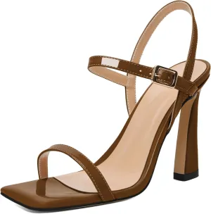 AUMOTED Womens Sandals Stiletto High Heel Open Square Toe Heeled Sandals Strappy Ankle Strap Patent Summer Wedding Party Shoes 4 Inch