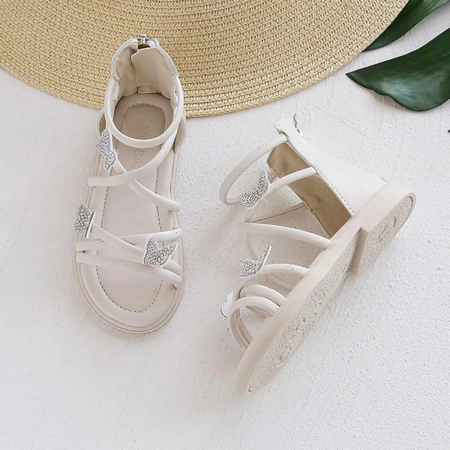 Baby Kids Gl𝐚diator Roman Leather Shoes Girls Childrens Bow Glitter Flat Non Slip Sandals Soft Comfy Summer