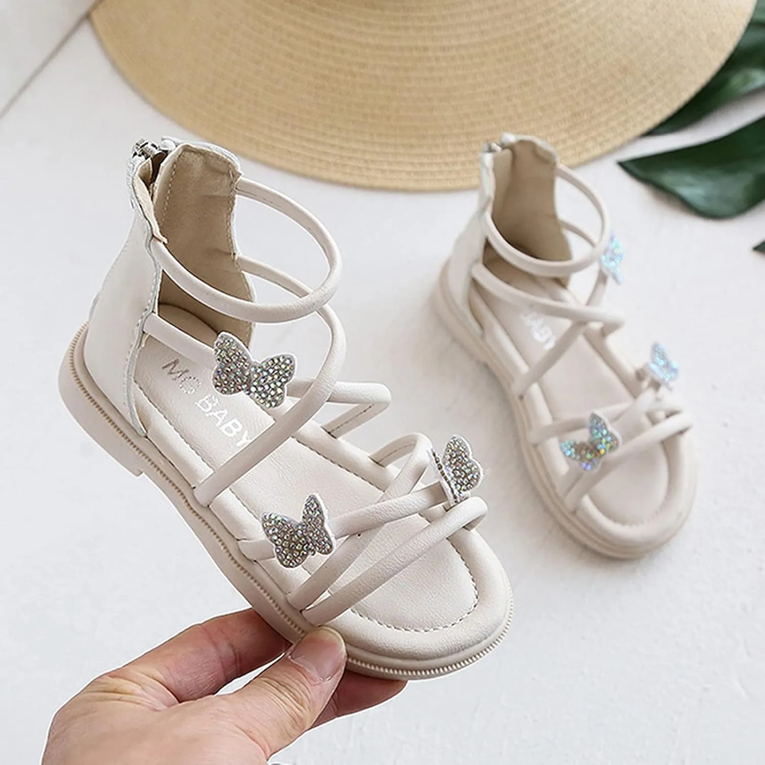 Baby Kids Gl𝐚diator Roman Leather Shoes Girls Childrens Bow Glitter Flat Non Slip Sandals Soft Comfy Summer