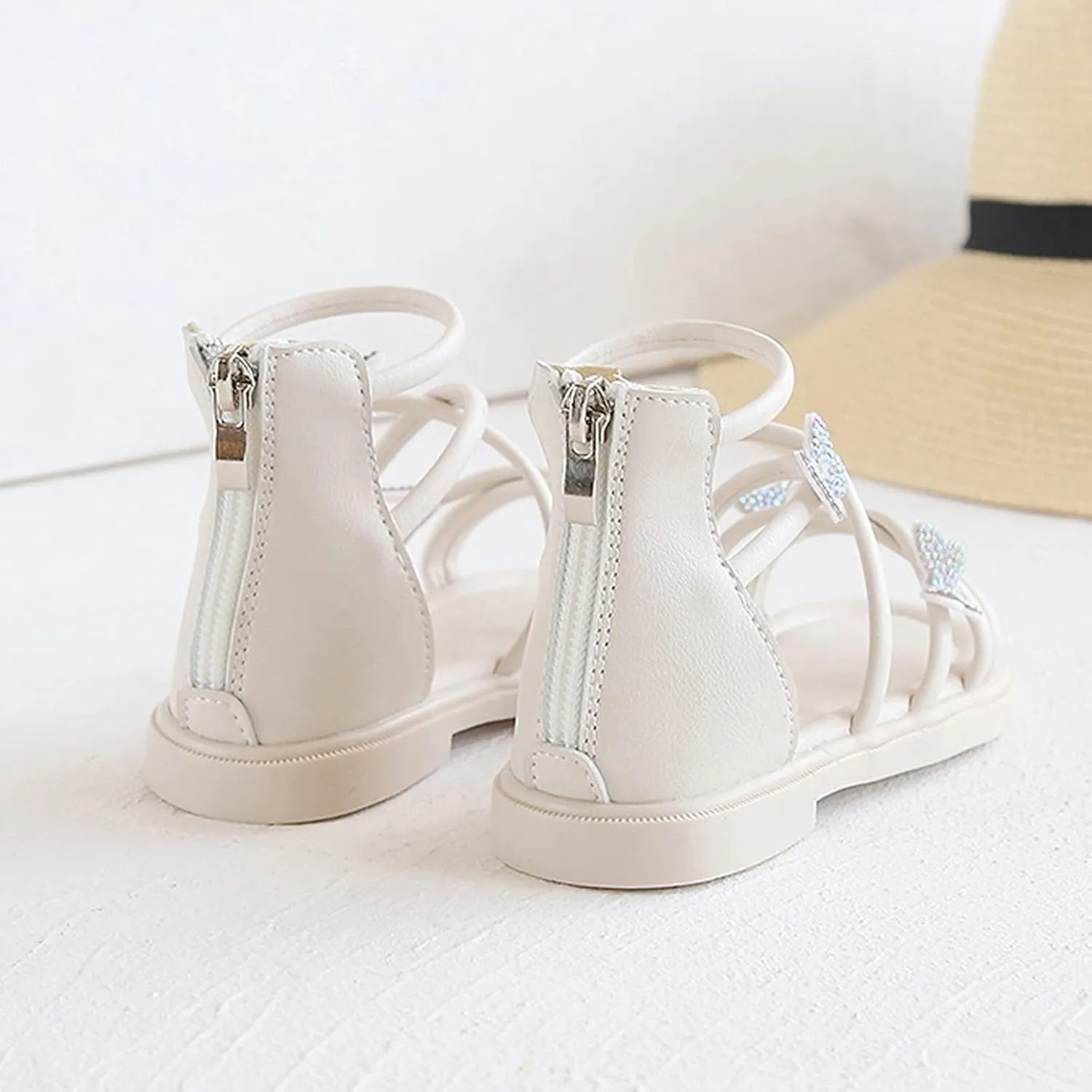 Baby Kids Gl𝐚diator Roman Leather Shoes Girls Childrens Bow Glitter Flat Non Slip Sandals Soft Comfy Summer