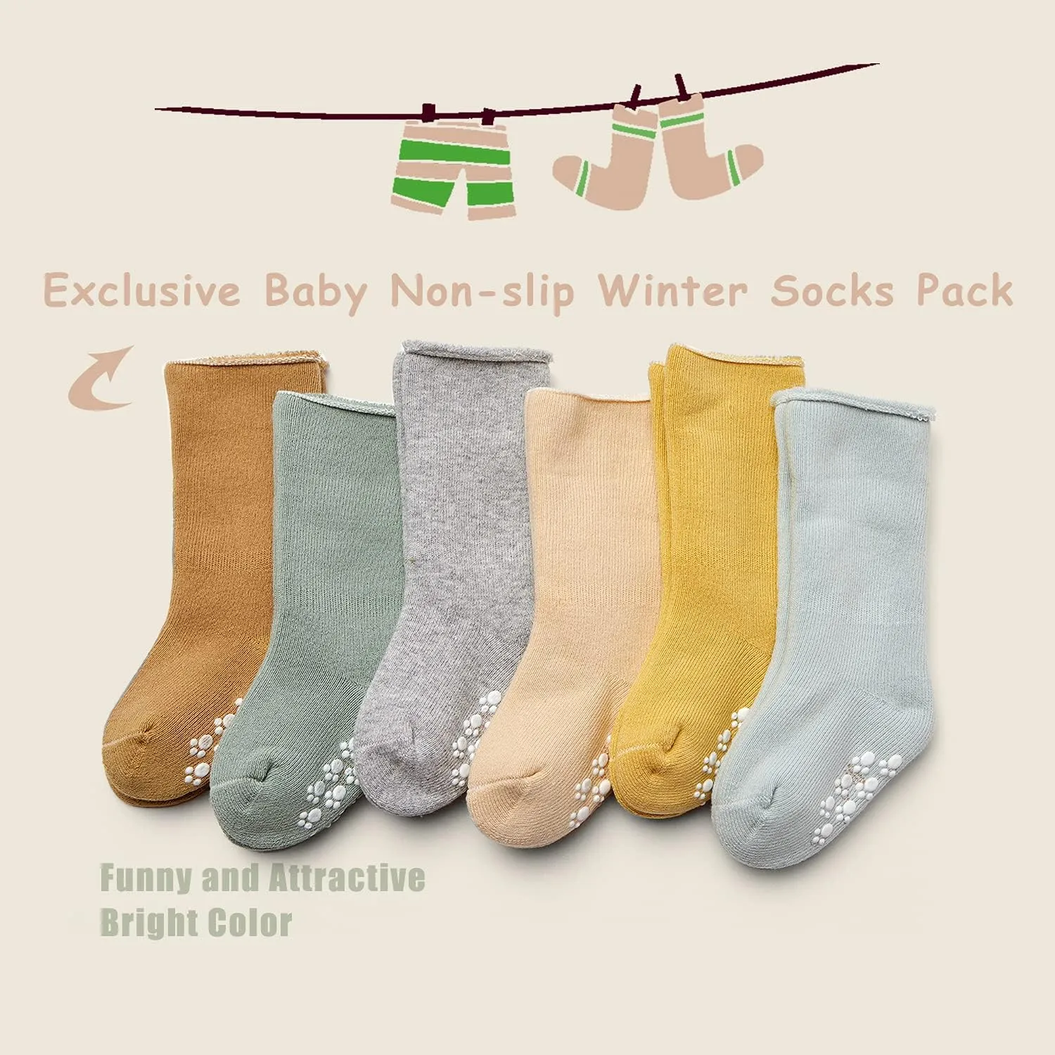 Baby Non Slip Warm Socks Baby Boys Thick Winter Socks with Grips for Baby Girls Non Skid Socks 6 Pack