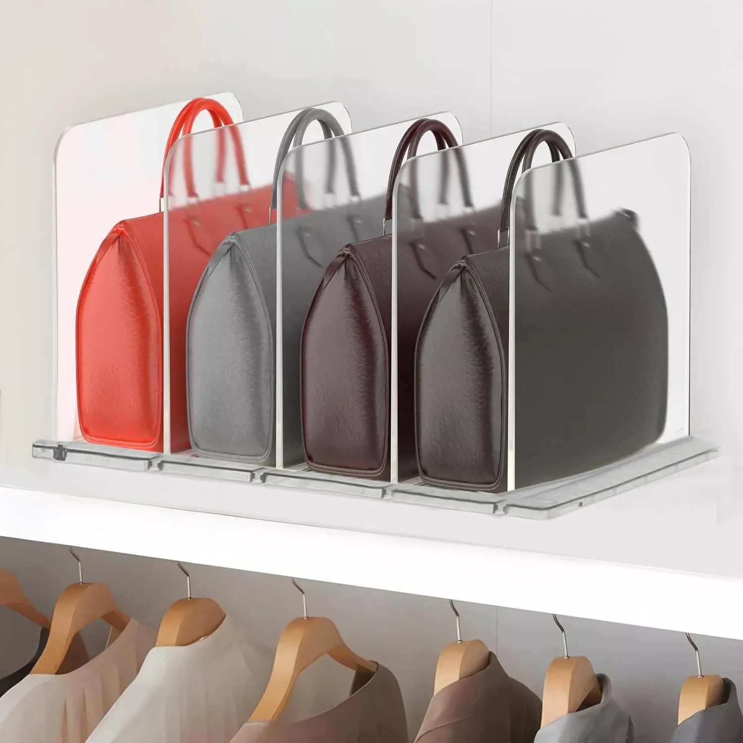 Bag Purse Organizer for Closet: 4 Pack Adjustable Clear Handbag Storage Shelf Spacer Saver Plastic Clutch Dividers Minimal Keep Purses Upright