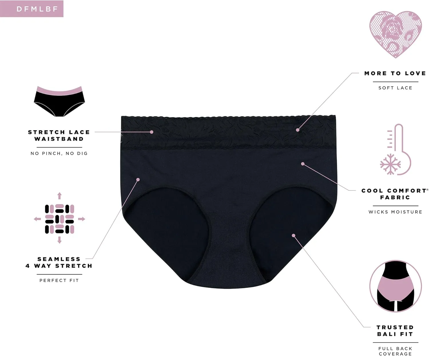 Bali Women's Underwear Brief 3-Pack, Modern Seamless Brief Panties, Lace-Trim Underwear for Women