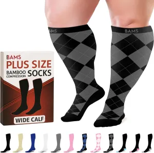 BAMS Plus Size Compression Socks Wide Calf XL XXL XXXL – Graduated Knee-High Support, Viscose from Bamboo Easy-On/Easy-Off