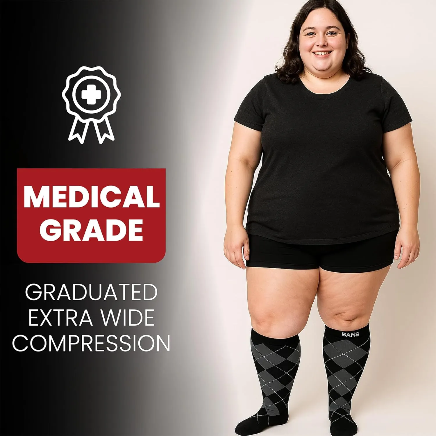 BAMS Plus Size Compression Socks Wide Calf XL XXL XXXL – Graduated Knee-High Support, Viscose from Bamboo Easy-On/Easy-Off