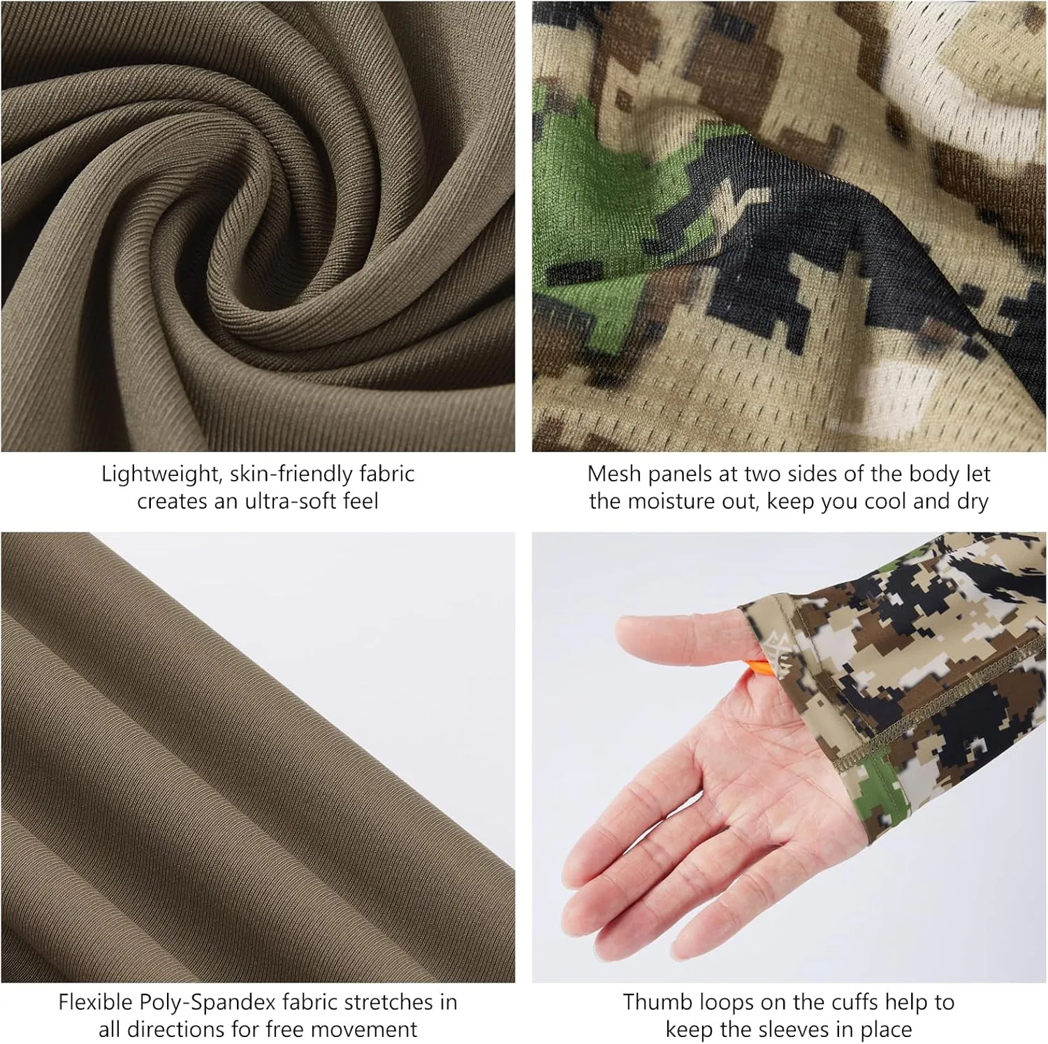 BASSDASH Men’s Lightweight Camo Hunting Shirt UPF 50  Sun Protection Long Sleeve Hiking Fishing Performance Tee Mesh Panels