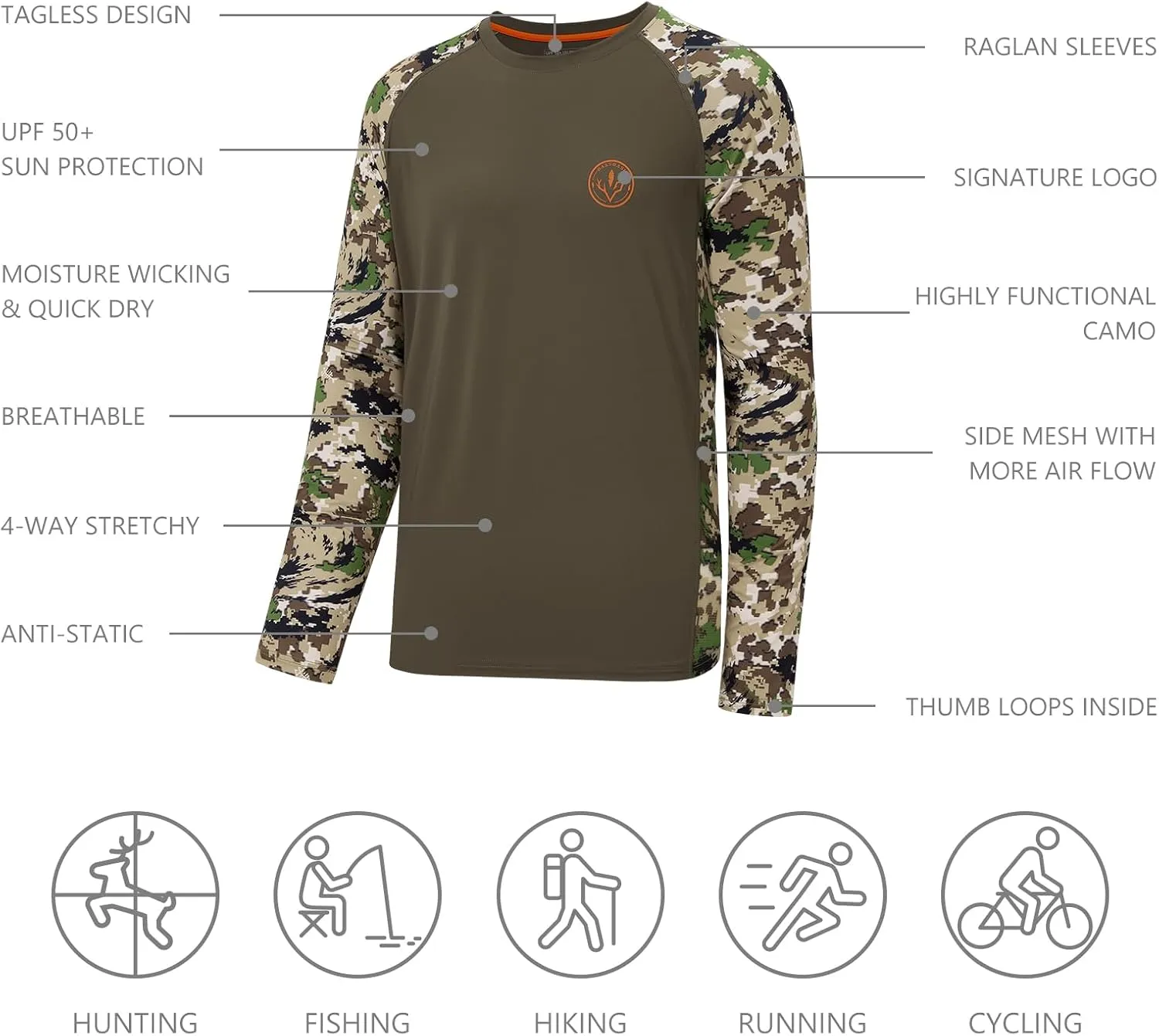 BASSDASH Men’s Lightweight Camo Hunting Shirt UPF 50  Sun Protection Long Sleeve Hiking Fishing Performance Tee Mesh Panels