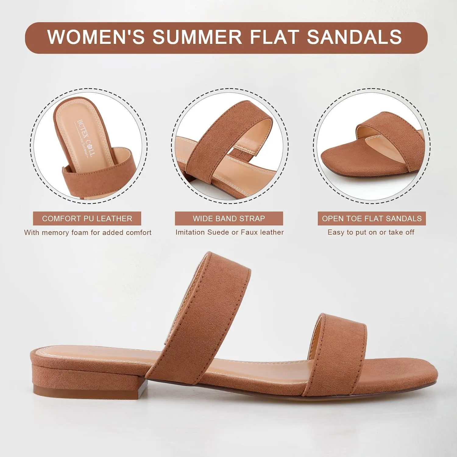 BCTEX COLL Women's Two Strap Low Block Heel Sandals Comfortable Open Toe Flat Sandals Dressy 1-Inch Heels for Women Black White Brown