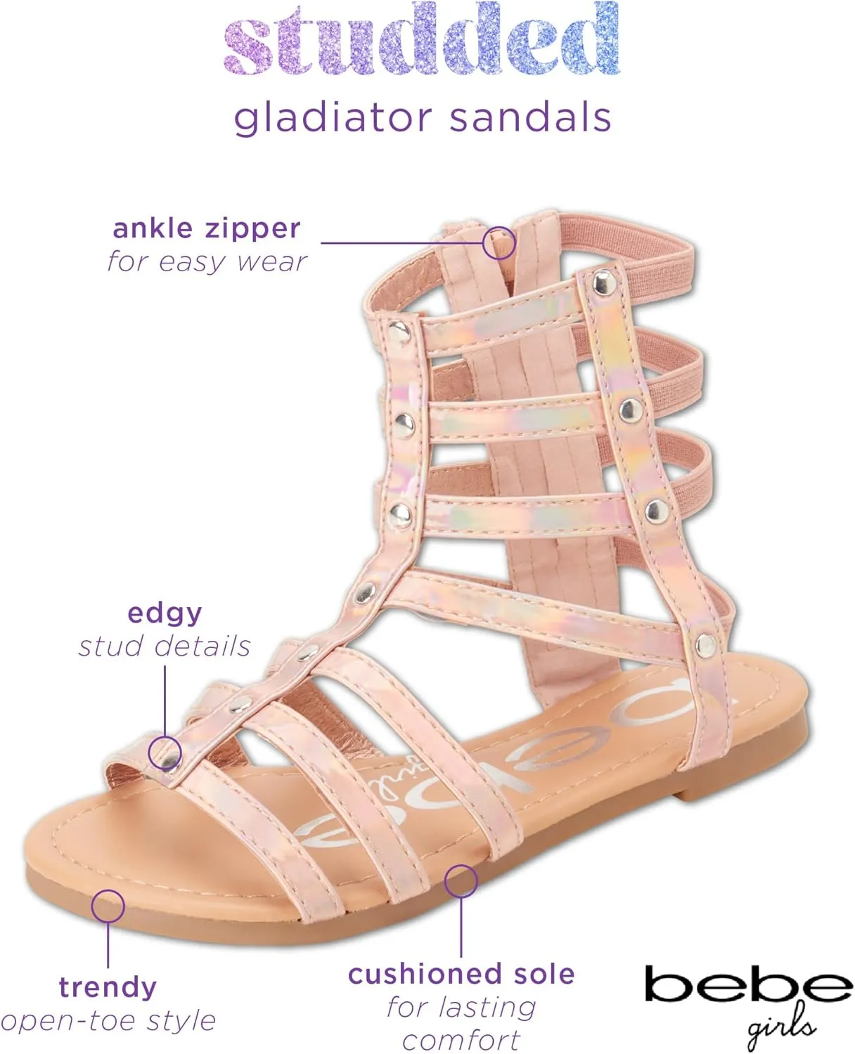 bebe Girls' Sandals - Open Toe Lightweight Summer Strappy Flat Gladiator Sandals with Ankle Zipper and Cushioned Sole