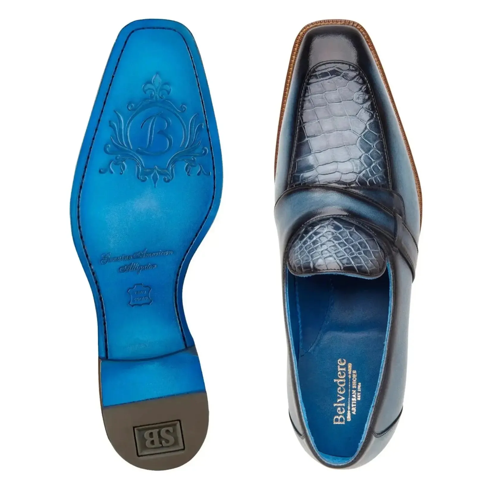 Belvedere Tornado R74 Antique Blue Jean Genuine American Alligator/Italian Calf Loafers