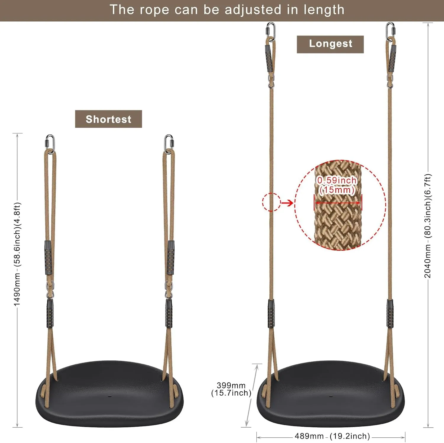 BeneLabel Heavy Duty Swing Seat with Adjustable Rope and Carabiners, Non-Slip Cushion Style Design, Playground Swing Set Accessories for Kids and Adults
