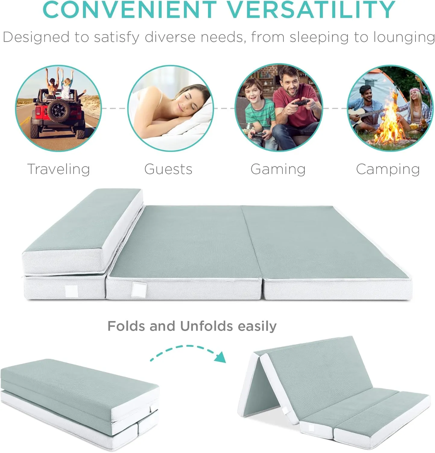 Best Choice Products 4in Portable Twin XL-Size Mattress, Tri-Fold Mattress for Camping, Guest, Toddler, Foam Plush w/Carry Case - Seafoam