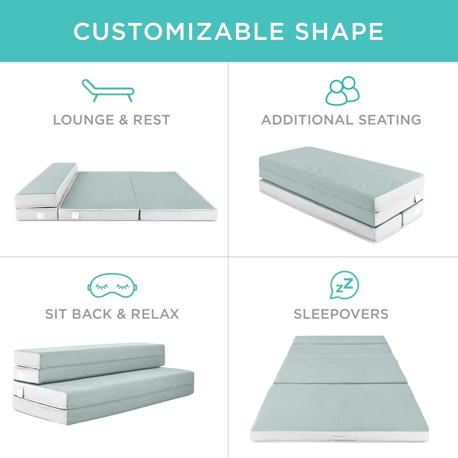 Best Choice Products 4in Portable Twin XL-Size Mattress, Tri-Fold Mattress for Camping, Guest, Toddler, Foam Plush w/Carry Case - Seafoam