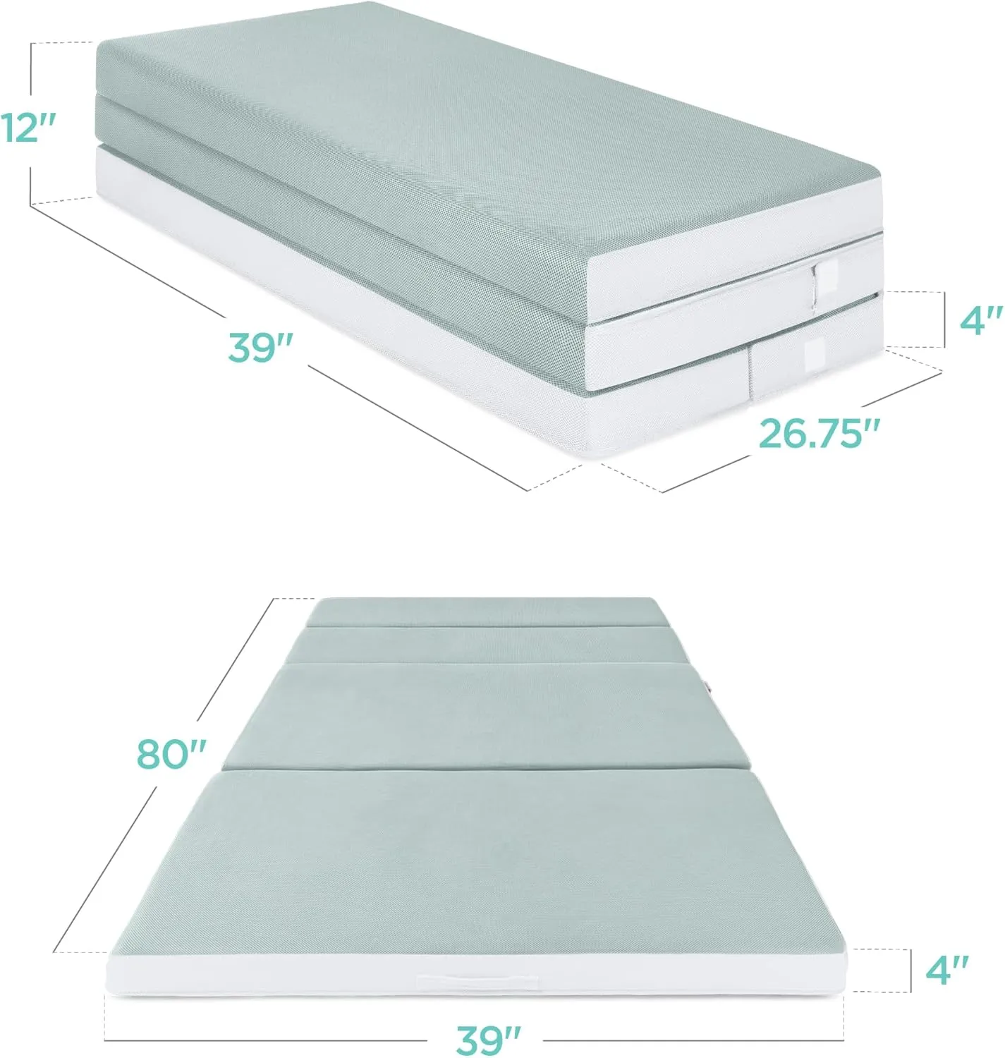 Best Choice Products 4in Portable Twin XL-Size Mattress, Tri-Fold Mattress for Camping, Guest, Toddler, Foam Plush w/Carry Case - Seafoam