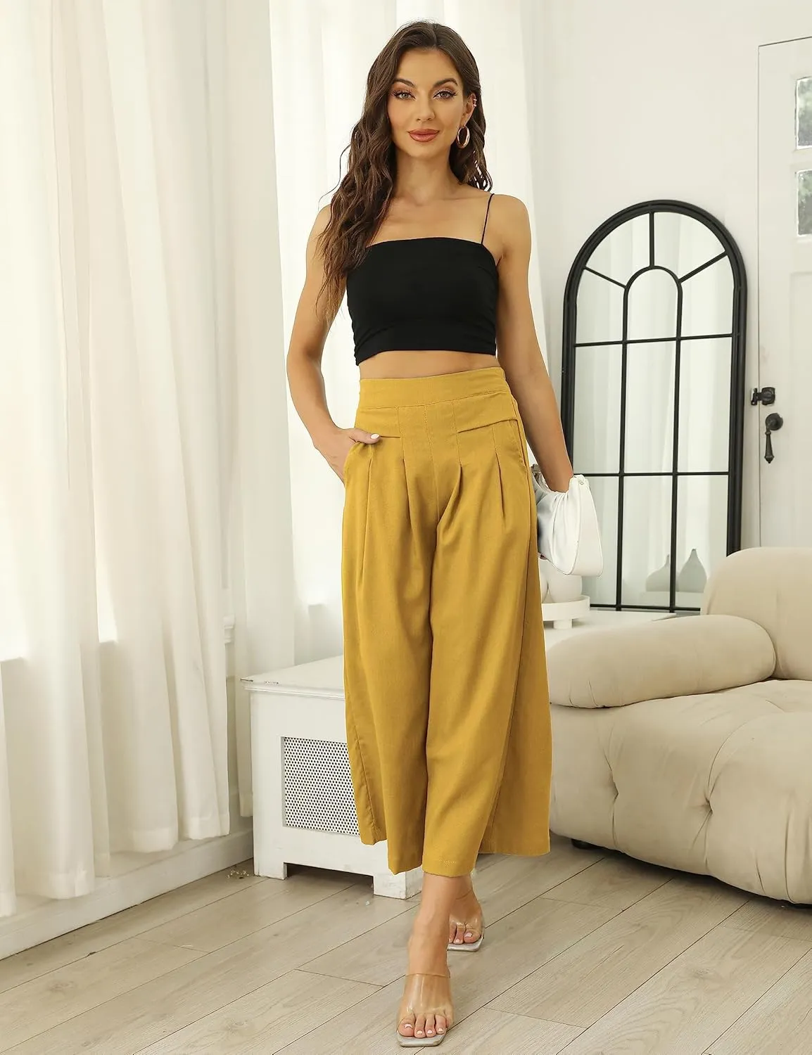 Bianstore Women's Culottes Linen Cropped Wide Leg Pants Elastic Waist Casual Palazzo Trousers with Pockets