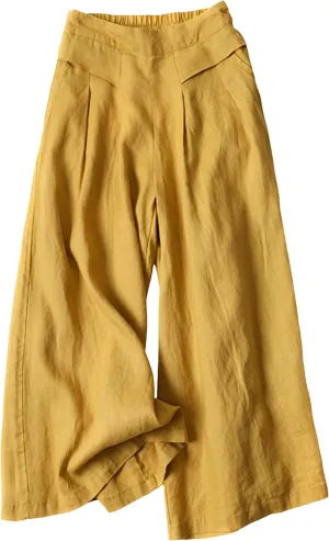 Bianstore Women's Culottes Linen Cropped Wide Leg Pants Elastic Waist Casual Palazzo Trousers with Pockets