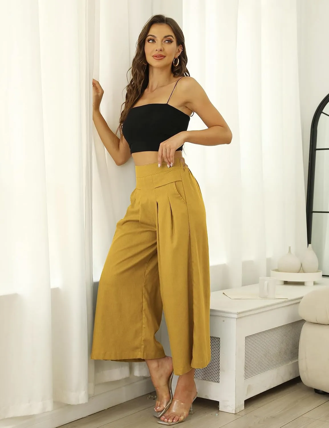 Bianstore Women's Culottes Linen Cropped Wide Leg Pants Elastic Waist Casual Palazzo Trousers with Pockets