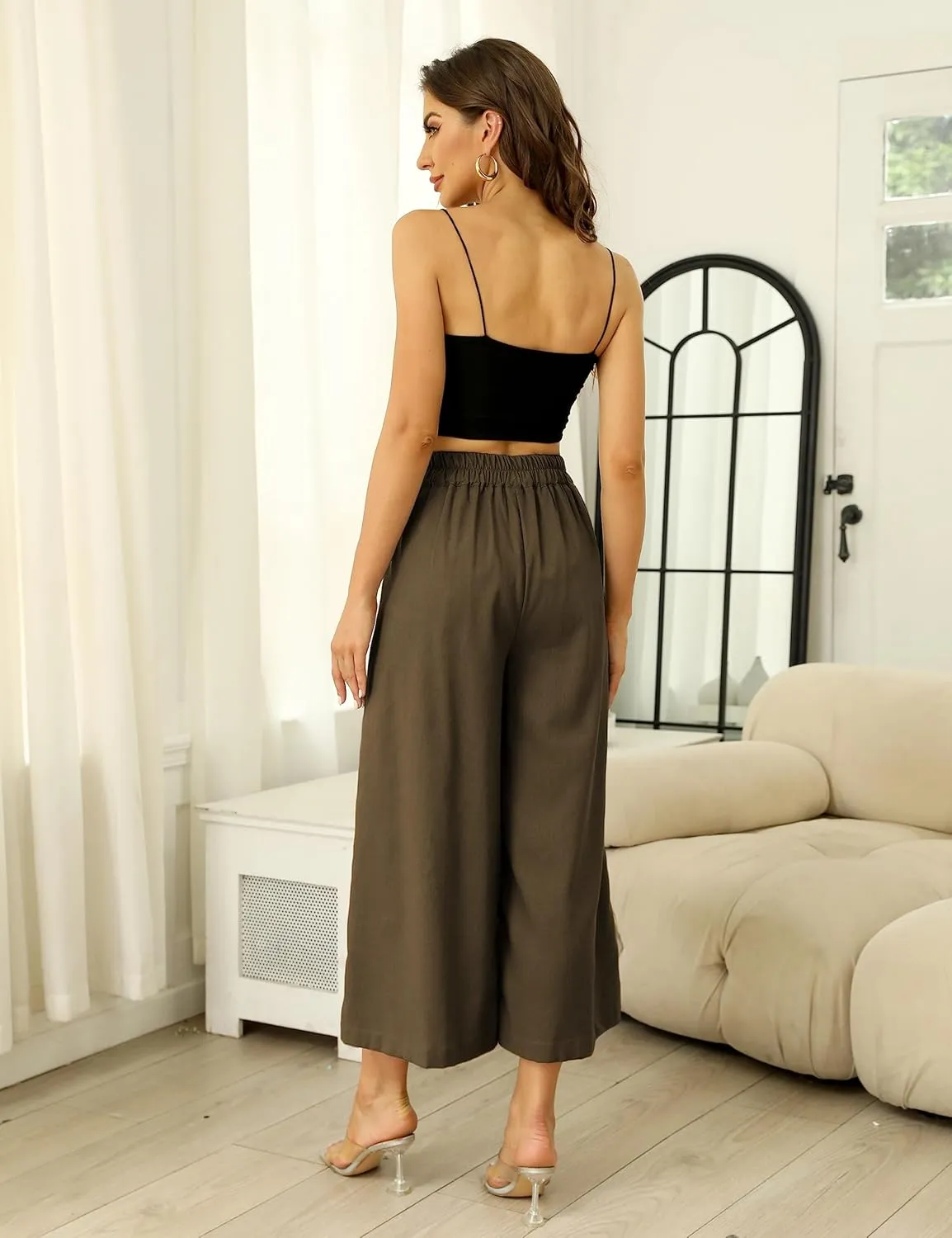 Bianstore Women's Culottes Linen Cropped Wide Leg Pants Elastic Waist Casual Palazzo Trousers with Pockets
