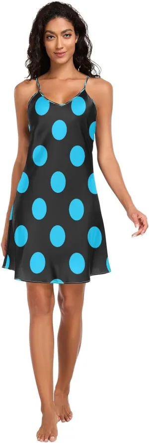 Big Blue Polka Dot Women Full Slips, Spaghetti Strap Nightgown, Sleeveless Night Shirts for Woman, S