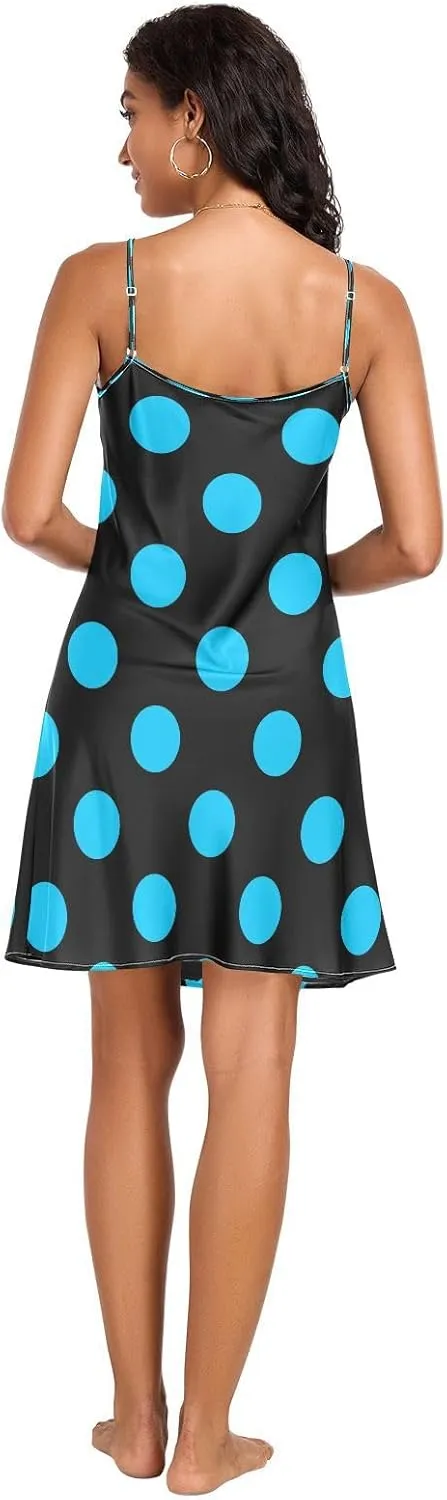 Big Blue Polka Dot Women Full Slips, Spaghetti Strap Nightgown, Sleeveless Night Shirts for Woman, S