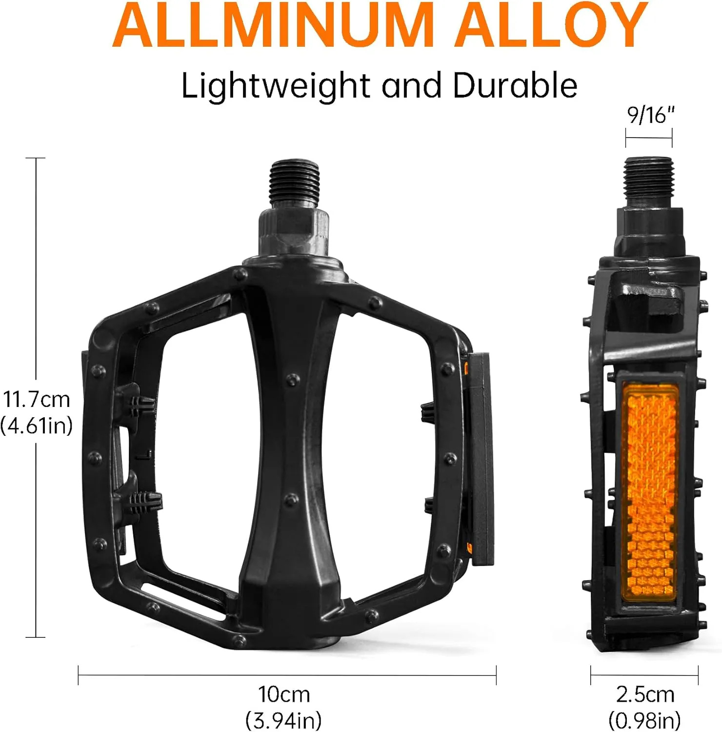 Bike Pedals, 9/16" 1/2" Mountain Bike Pedals Non Slip Road Bike Pedals with Reflectors Strips Lightweight Ebike Pedals Bicycle Platform Pedals
