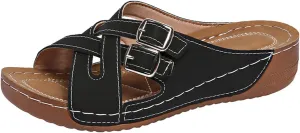 BILIKEYU Womens Wedge Platform Slides Sandals Cutouts Crisscross Buckle Strappy Open Toe Soft Summer Walking Slip on Sandals