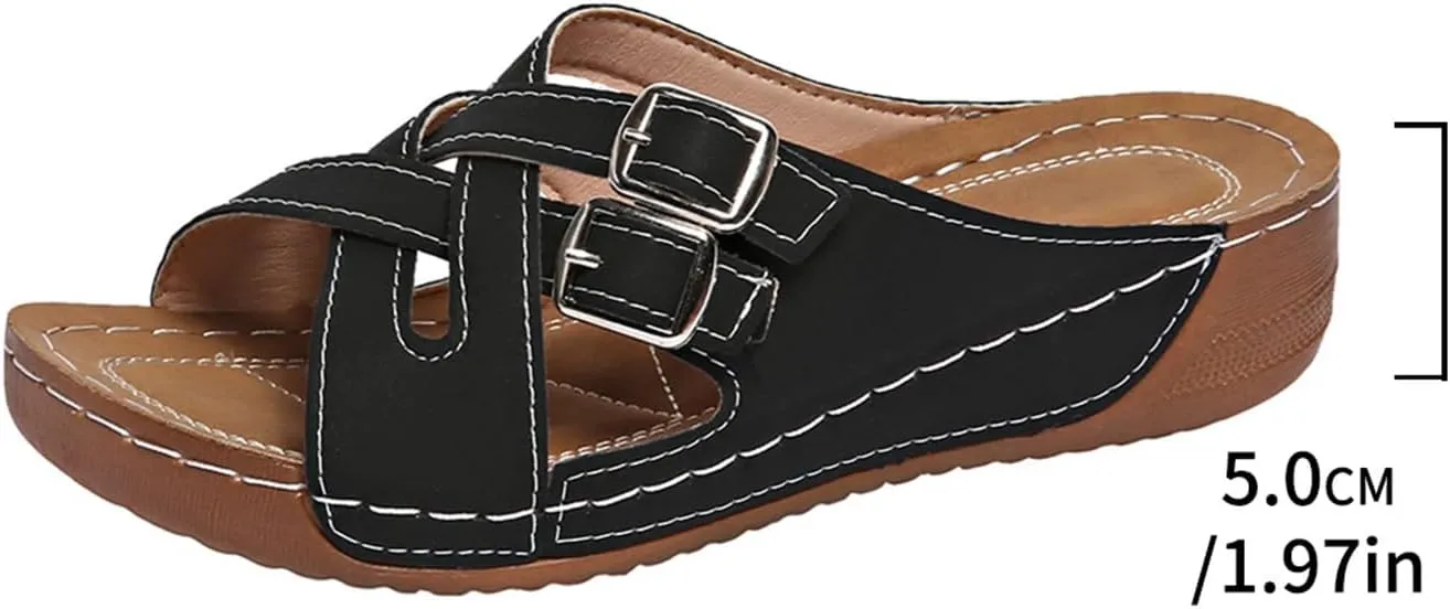 BILIKEYU Womens Wedge Platform Slides Sandals Cutouts Crisscross Buckle Strappy Open Toe Soft Summer Walking Slip on Sandals