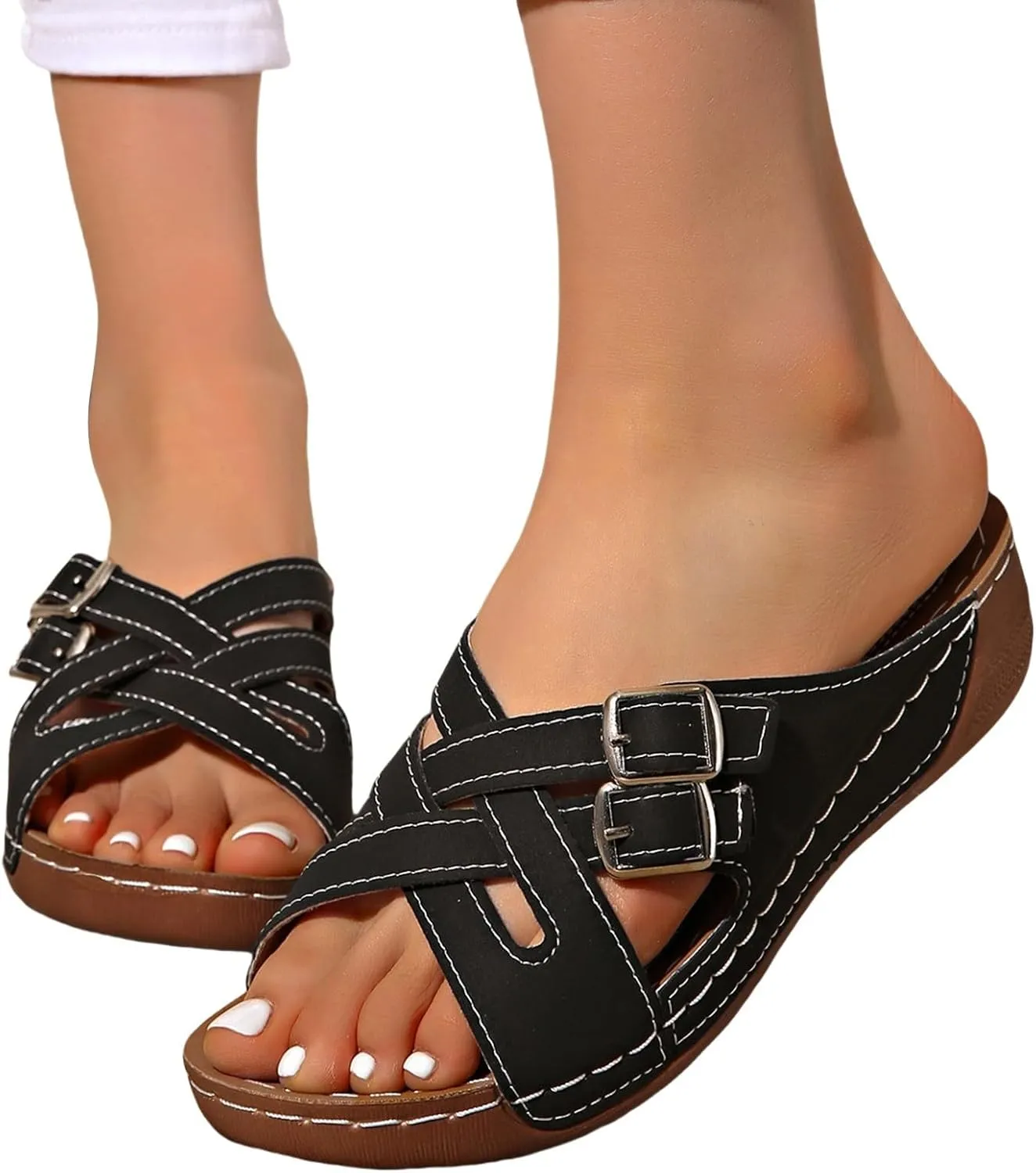 BILIKEYU Womens Wedge Platform Slides Sandals Cutouts Crisscross Buckle Strappy Open Toe Soft Summer Walking Slip on Sandals