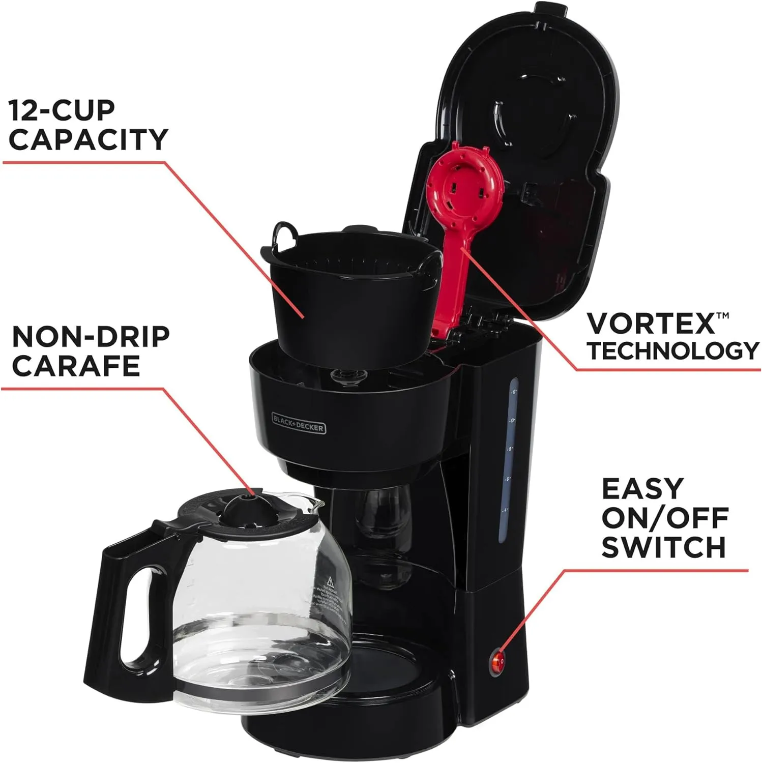BLACK DECKER 12-Cup Coffee Maker with Easy On/Off Switch, Easy Pour, Non-Drip Carafe with Removable Filter Basket, Vortex Technology, Black