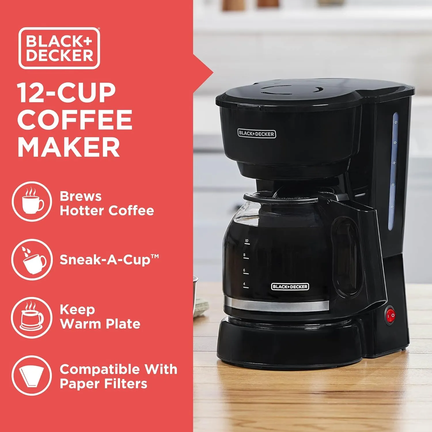 BLACK DECKER 12-Cup Coffee Maker with Easy On/Off Switch, Easy Pour, Non-Drip Carafe with Removable Filter Basket, Vortex Technology, Black