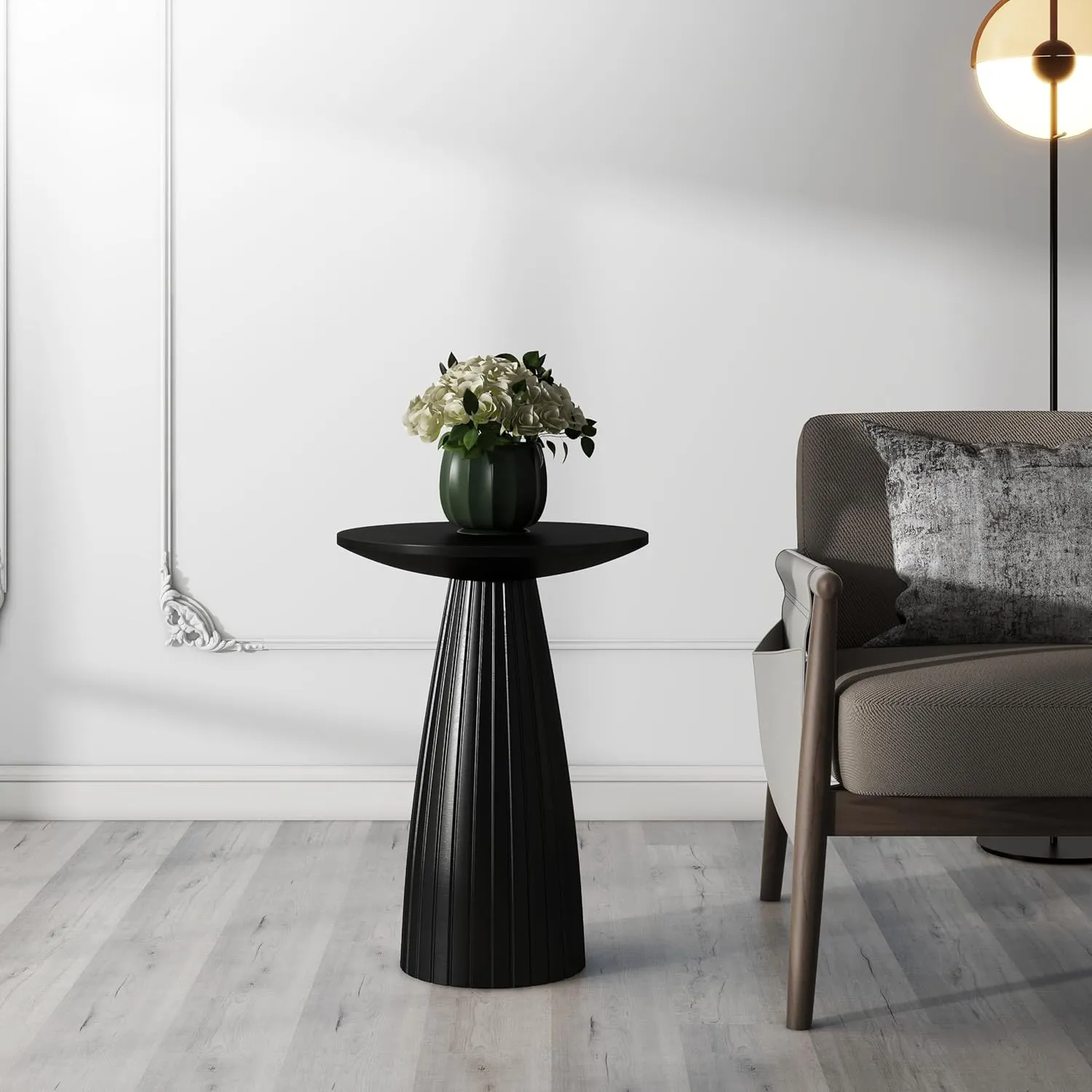 Black Pedestal Side Table 14'' Dia, Modern Accent End Table, Fluted Base Design, Minimalist Drink Table for Small Space Living Room, Bedroom