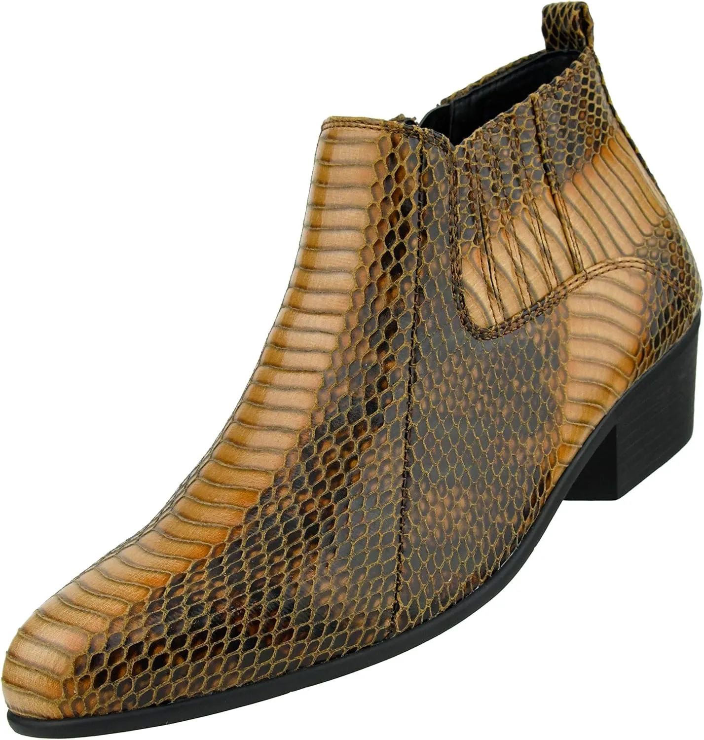 Bolano Adder Mens Dress Boots - Realistic Snake Print, Easy Zipper Slip On Ankle Boots