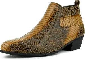Bolano Adder Mens Dress Boots - Realistic Snake Print, Easy Zipper Slip On Ankle Boots