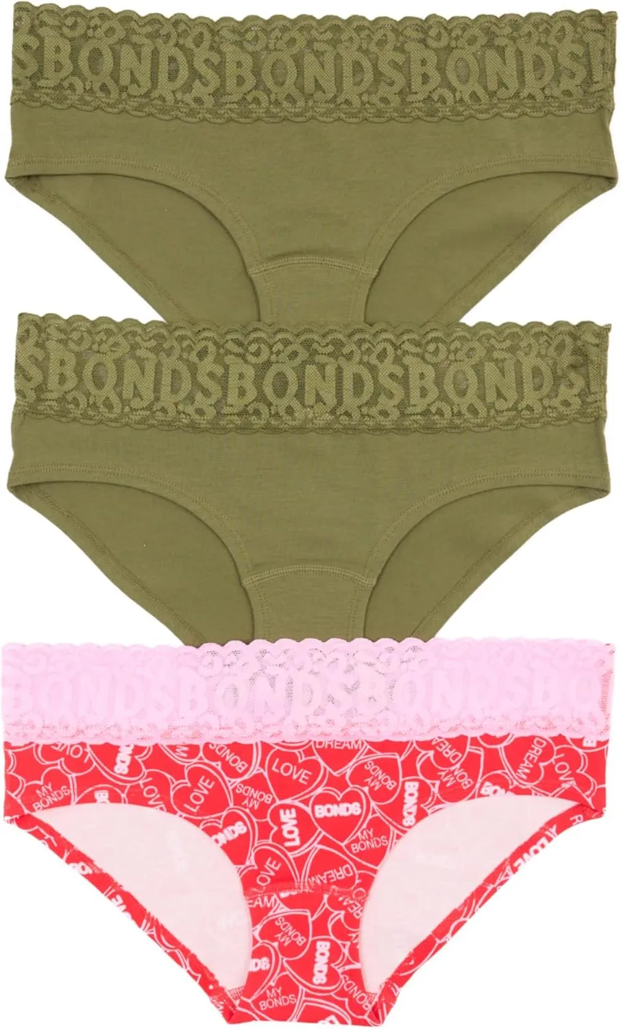 Bonds Women's Underwear Hipster Pack, Lace-top Icons Hipster Panties for Women, Stretchy Cotton-blend Underwear, 3-pack