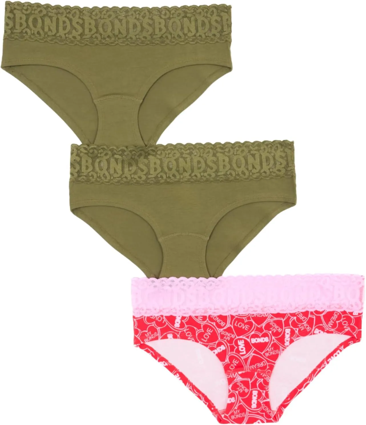 Bonds Women's Underwear Hipster Pack, Lace-top Icons Hipster Panties for Women, Stretchy Cotton-blend Underwear, 3-pack