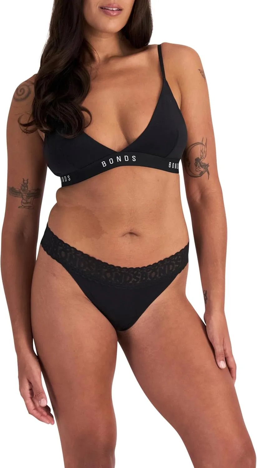 Bonds Women's Underwear Thong Pack, Lace-top Icons Panties for Women, Stretchy Cotton-blend, Low-rise Underwear, 3-pack