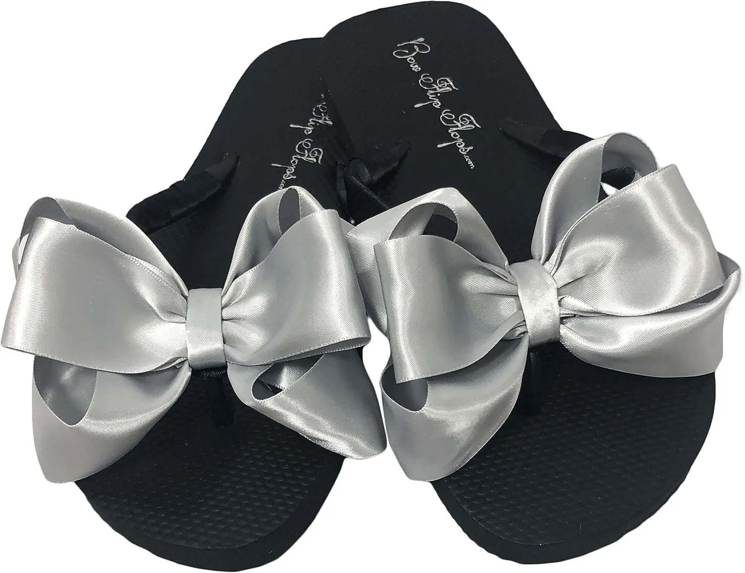 Bow Flip Flops Black Satin, Flat Sandals for Women