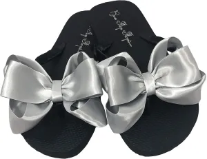 Bow Flip Flops Black Satin, Flat Sandals for Women