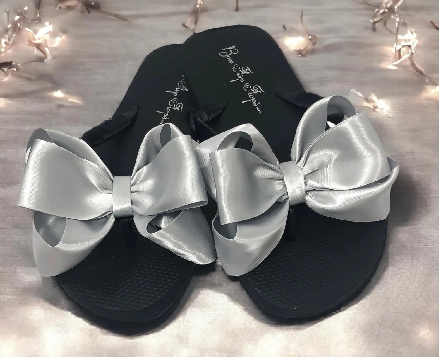 Bow Flip Flops Black Satin, Flat Sandals for Women