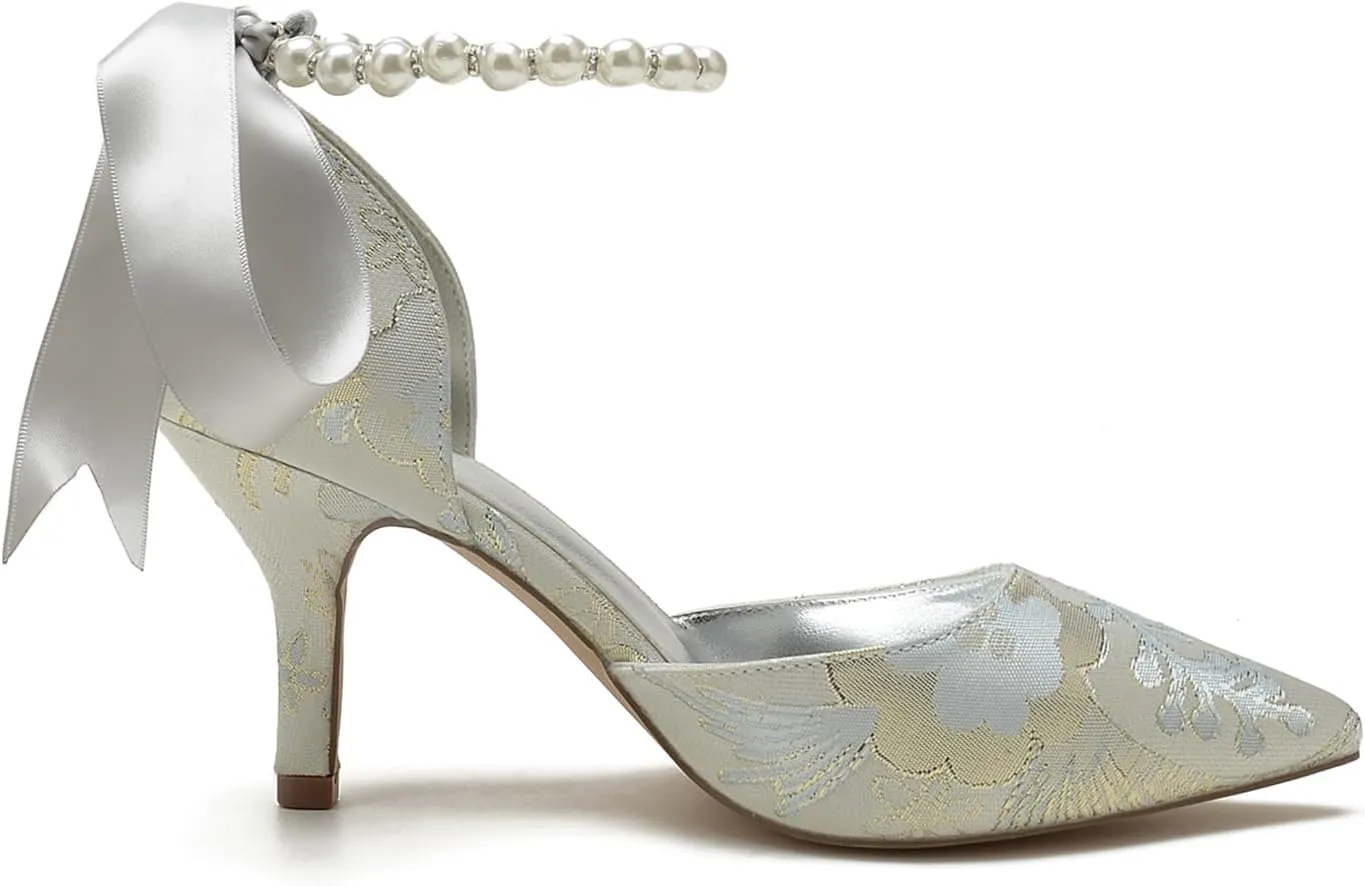 Bridal Silk Wedding Shoes Pearl Buckle Pointed Toe Women Satin Pumps High Heel Prom Shoes
