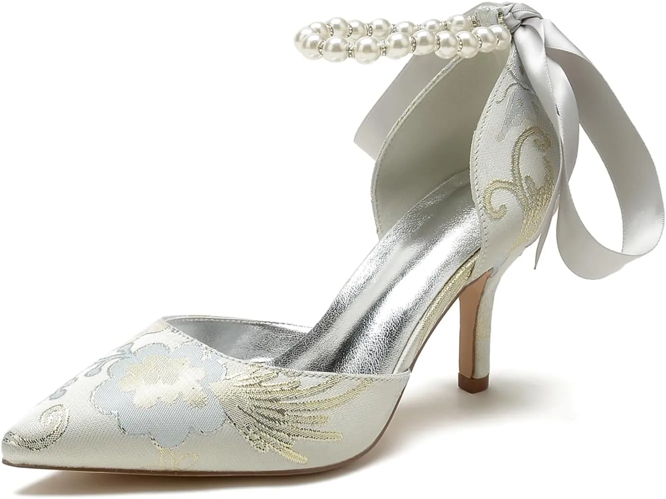 Bridal Silk Wedding Shoes Pearl Buckle Pointed Toe Women Satin Pumps High Heel Prom Shoes