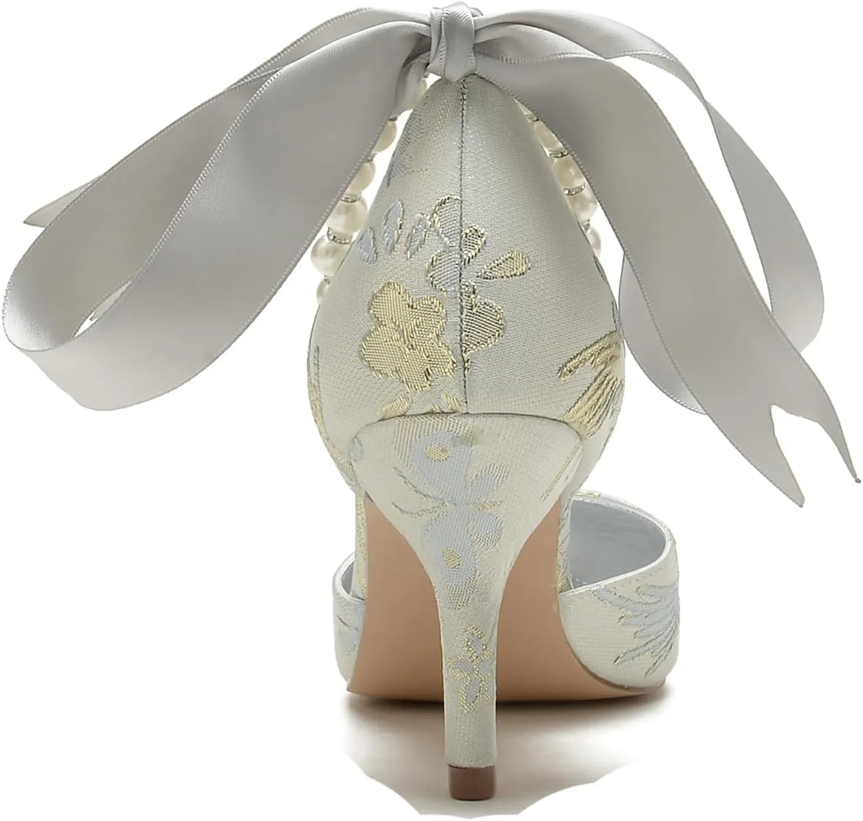 Bridal Silk Wedding Shoes Pearl Buckle Pointed Toe Women Satin Pumps High Heel Prom Shoes