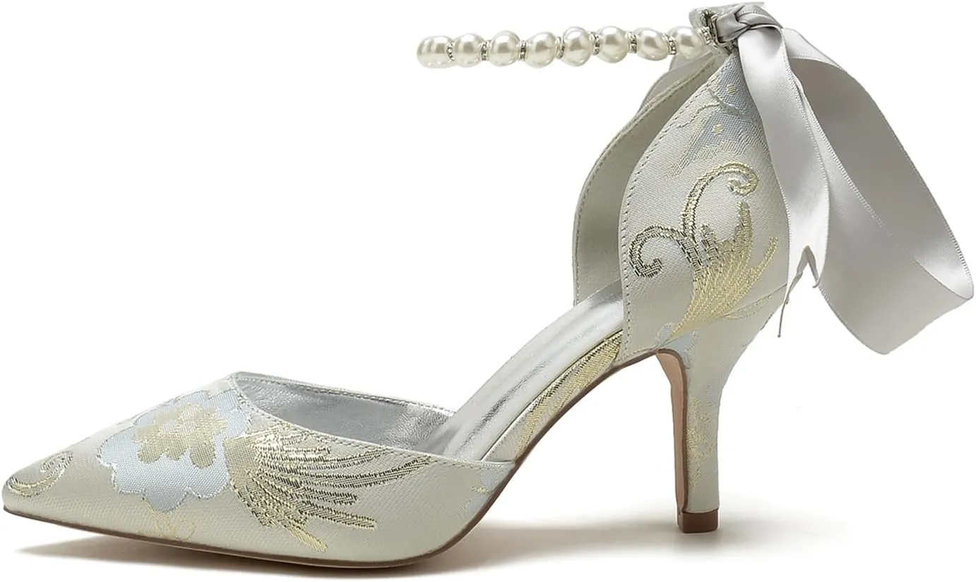 Bridal Silk Wedding Shoes Pearl Buckle Pointed Toe Women Satin Pumps High Heel Prom Shoes