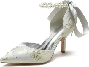 Bridal Silk Wedding Shoes Pearl Buckle Pointed Toe Women Satin Pumps High Heel Prom Shoes