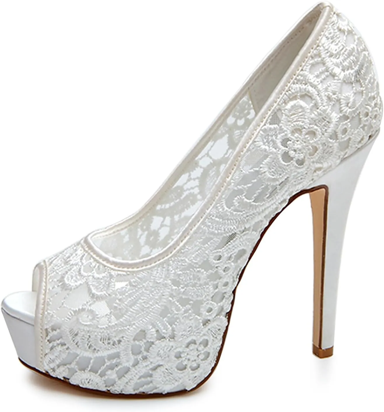 Bridal Wedding Shoes Women Lace Peep Toe Pumps High Heel Slip on Bridesmaid Shoes