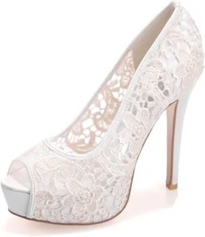 Bridal Wedding Shoes Women Lace Peep Toe Pumps High Heel Slip on Bridesmaid Shoes