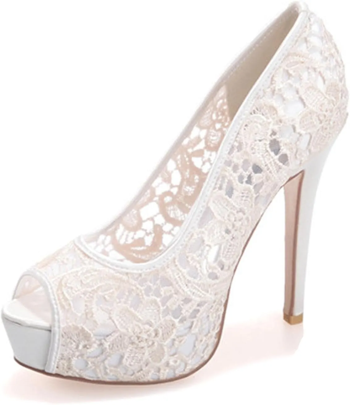 Bridal Wedding Shoes Women Lace Peep Toe Pumps High Heel Slip on Bridesmaid Shoes
